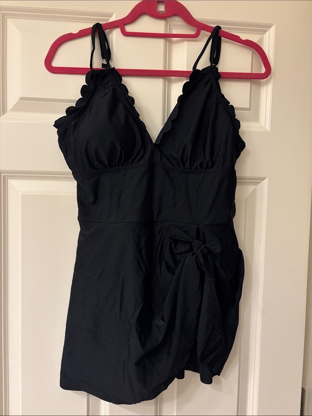 Black Scalloped V-Neck Swimdress with Side Tie